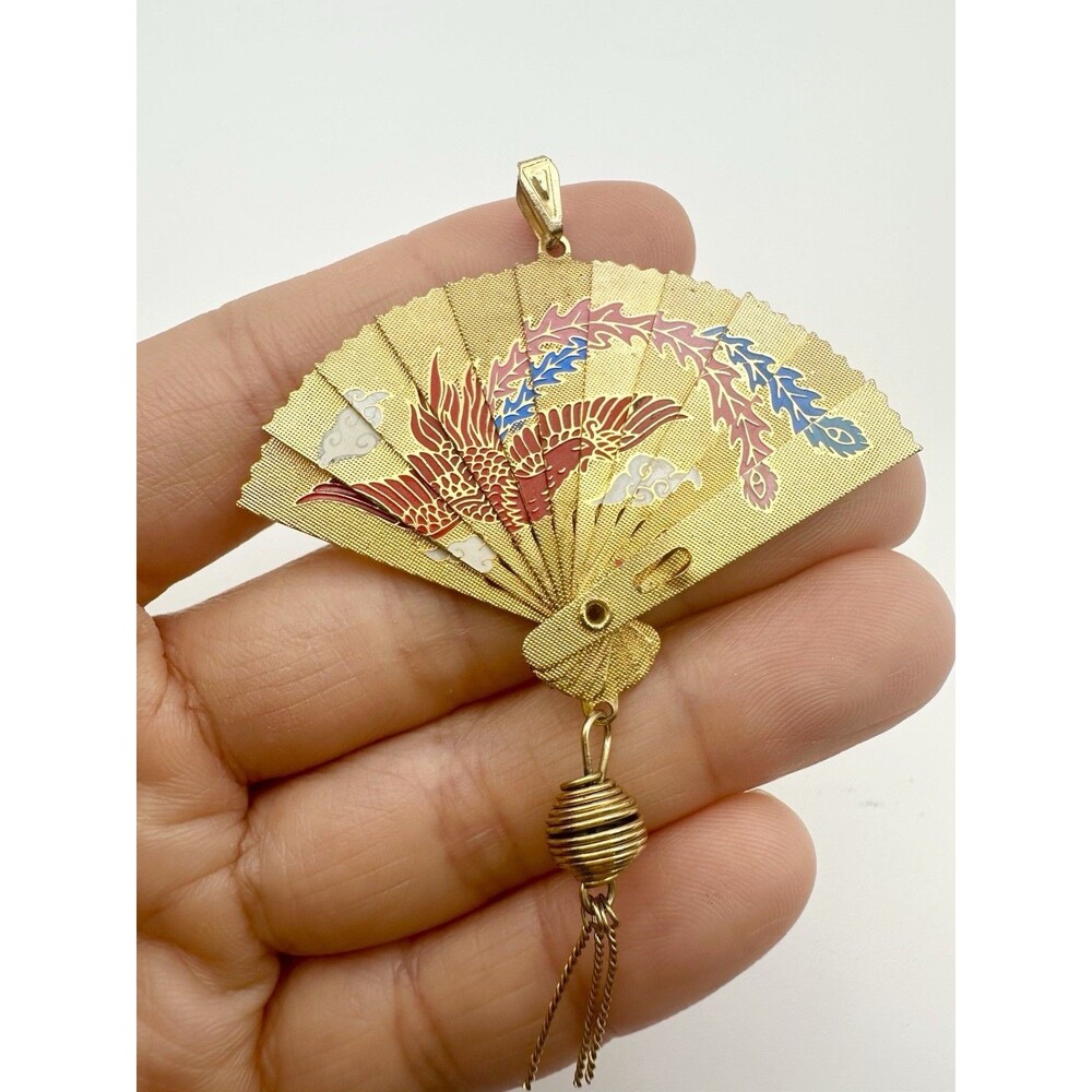 Vintage Chinese Articulated Gold Tone Fan Charm Pendant Phoenix Dragon Asian
